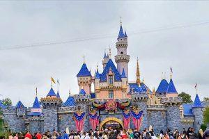 A family of 7 standing in front of Cinderella's castle at Disneyland