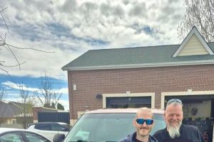 Two men standing in front of a car